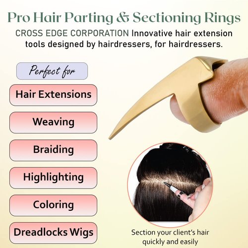 My Hair Tools Hair Parting & Sectioning Rings - Stainless Steel Finger Braiding Hair Pick Tools for Durable Dreadlocks Wig Quick Installation of Remy Human Hair Extensions Hair Styling Tools (Gold)