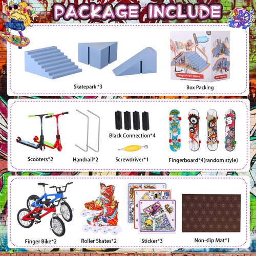 Civaner Fingerboard Skatepark Set 24 Pcs Mini Finger Toy with Finger Skateboards Ramp, Finger Bikes, Finger Scooter, Finger Skates for Skate Lovers Gift