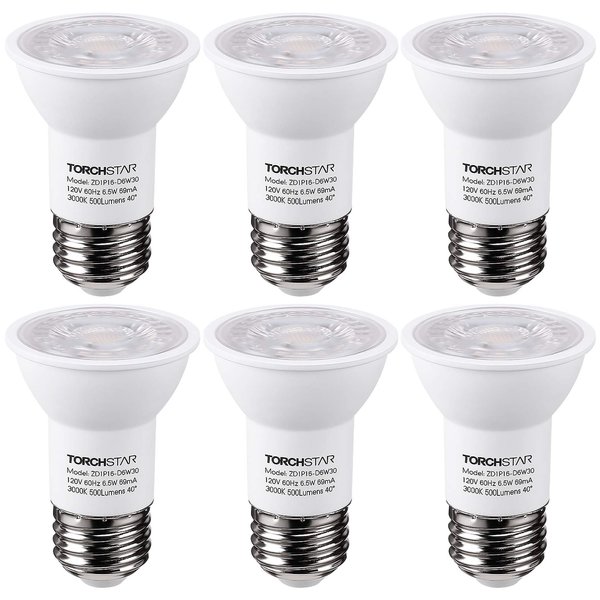 TORCHSTAR PAR16 LED Bulb, 500LM 6.5W 50W Equivalent, Dimmable Spot Light, 40° Beam Angle, UL & Energy Star Listed Track Spotlight, 3000K Warm White, E26 Medium Base, Damp Rated, Pack of 6