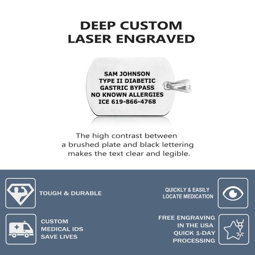 Divoti Deep Custom Laser Engraved Stainless Steel Medical Alert Necklace for Men/Women, Polished Tag Medical ID Necklace, Medical Dog Tag w/Free Engraving- 24 Snake Chain -Red