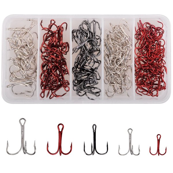 160PCS Fishing Treble Hooks Kit, High Carbon Steel Round Bend Treble Fishing Hook Set for Hard Lures Bait Mixed Sizes Saltwater Freshwater Fishing