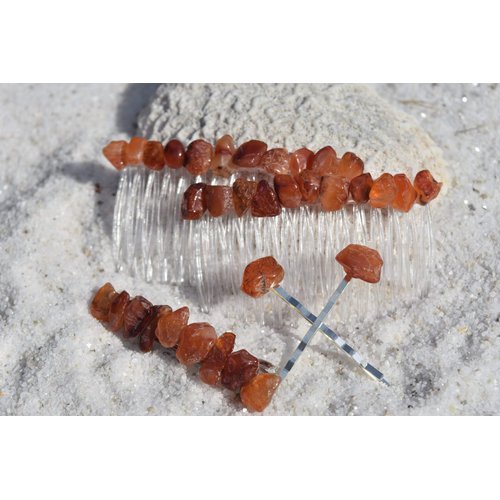 Carnelian Stone Hair Clip Set - Includes 2 Hair Combs, 1 60 mm French Barrette, 2 Hair Pins