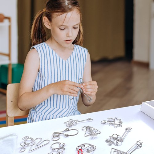 KINGOU Metal Wire Brain Puzzles Set 12 Pcs Brain Teaser Puzzle Toys for Kids, Teens & Adult, Interlock Magic Trick Toy for Gift Party Favor & Games - A