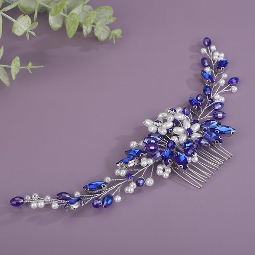 BERYUAN Bridal Rhinestone Pearls Hair Comb Flowers Pearls Rhinestone Wedding Headband Crystal Rhinestone Pearls Handmade Hair Comb for Wedding Bridal Women (blue)