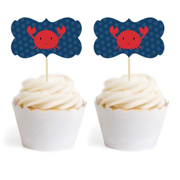 Andaz Press Birthday Cupcake Toppers DIY Party Favors Kit, Nautical Crab, Double-Sided, 18-Pack