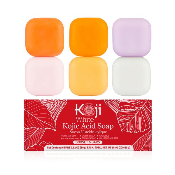 Koji White Kojic Acid Soap, Beauty Gift Set for Women with Kojic Acid, Papaya, Glutathione, Vitamin C, Collagen, Hyaluronic for Skin Brighten, Glowing, Hydrating Facial & Body - Vegan, 2.8 Oz (6 Bars)