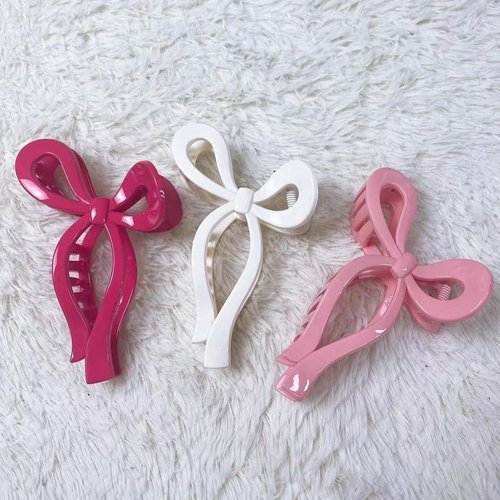Bmobuo Bows Claw Clips 3Pcs Hair Bows for Women Hair Ribbon 5 Inch Hair Clips Trendy Claw Clips for Thick Hair Pink Ribbon Clips White Coquette Bows