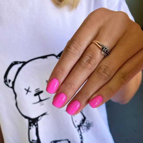 Hot Pink Square Press on Nails Short,KQueenest Gel Fake Nails Short Coffin Pure Bright Color Natural Petite Nails Kit Solid Stick on Nails Press on for Women Daily Office Manicure