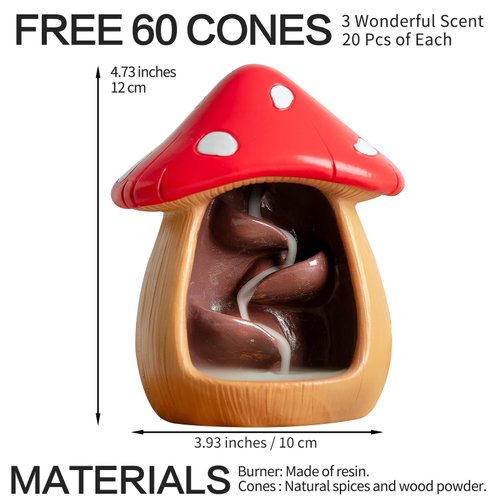 Cute Mushroom Incense Holder with 60 Incense Cones, Handmade Waterfall Backflow Incense Burner, Nature Theme Incense Burner, Adorable Home Decoration, Cottagecore Decor Accessories(Brown)