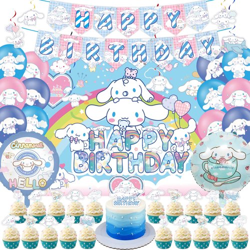 Kawaii Birthday Decorations, Cute Party Supplies Include Banner, Hanging Swirl, Balloon, Backdrop, Cupcake Toppers for Kawaii Birthday Supplies