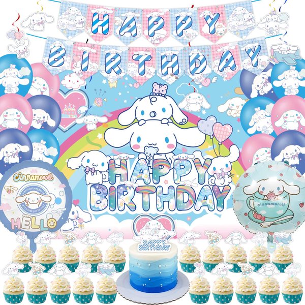 Kawaii Birthday Decorations, Cute Party Supplies Include Banner, Hanging Swirl, Balloon, Backdrop, Cupcake Toppers for Kawaii Birthday Supplies