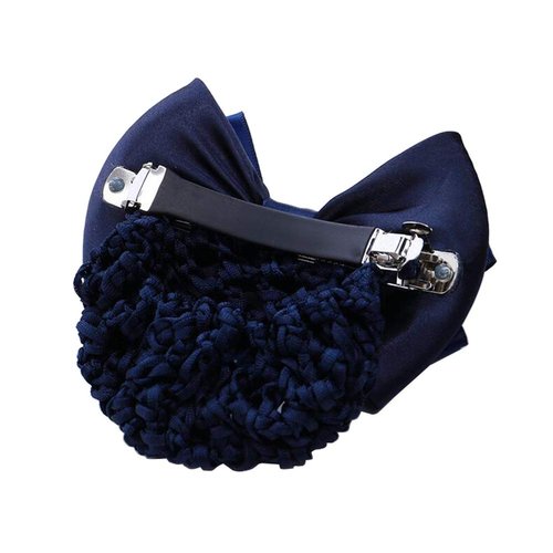 Women Lacrosse Flower Lace Ribbon Bowknot Rhinestone Snood Net Elastic Hair Clip Barrette Bun Maker Bow Cover Hairnet Decor for Nurse Bank Worker Air Hostess (Blue)