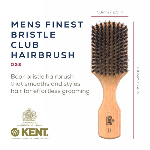 Kent OG2 Beechwood Brush for Hair, Beard, Facial Grooming and Exfoliation - Natural Boar Bristle Brush for Men's Skin Care