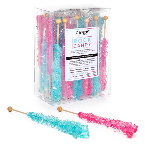 Candy Envy Light Blue and Pink Rock Candy Crystal Sticks - 24 Indiv. Wrapped - Cotton Candy & Cherry Flavored