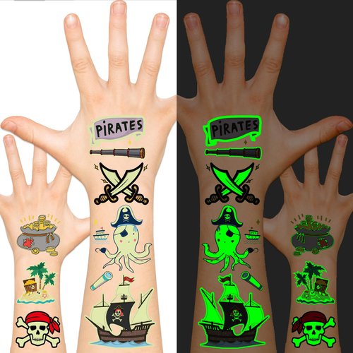 EMOME Glow Temporary Tattoos for Kids, Kid Tattoos for Party Favors Decorations Supplies, Cute Tattoo Sticker Goodie Bag Stuffers Boys and Girls (Pirate)