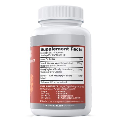 Balance ONE Turmeric Extract 1000mg Ethically Sourced Turmeric Curcumin, Standardized to 95% Curcuminoids - Ginger Extract and BioPerine - Vegan, Non-GMO - 30 Day Supply