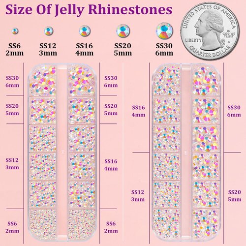 Resin Jelly Rhinestones for Crafting with B7000 Jewelry Glue, 2 Boxes Transparent AB Flatback Crystals with 3Pcs 10ml Glue, Bedazzling Non Hotfix Gems for DIY Tumblers Clothing Shoes Manicure