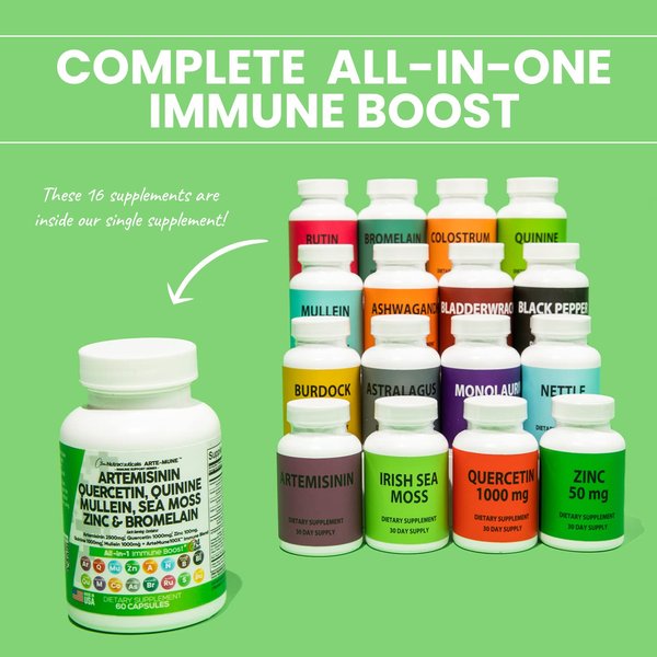 Clean Nutraceuticals Artemisinin 2500mg Quercetin 1000mg Zinc 100mg Mullein Quinine Supplement with Sea Moss Bromelain Ashwagandha Root Nettle Leaf Bladderwrack Burdock Root Monolaurin Colostrum Rutin