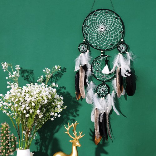 Dream Catchers Boho Wall Decor Moon and Sun Feather Handmade Traditional Dream Catcher Wall Hanging Decor for Kids Bedroom Adult Living Room Home Bohemian Decorations (Black Set)