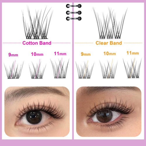 Clear Band Natural Lash Clusters Wispy Individual Eyelashes DIY Lash Extensions Natural Look Cluster Lashes D Curl Eyelash Extension,Geeneiya Wispy Eyelash Clusters (0.05D,9-11MM,Clear and Black Band)