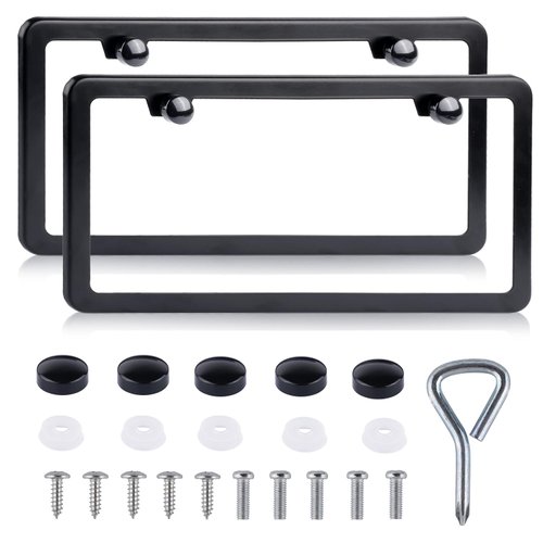 License Plate Frames Black - 2 Pack Rustproof Stainless Steel License Plate Holders, Well-Equipped Durable Front License Plate Mounting Kit with 2 Holes, Universal Car Accessories for Diverse Vehicles