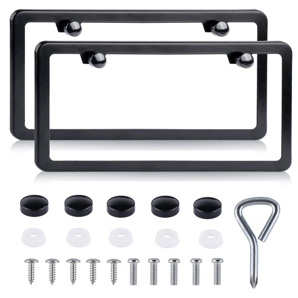 License Plate Frames Black - 2 Pack Rustproof Stainless Steel License Plate Holders, Well-Equipped Durable Front License Plate Mounting Kit with 2 Holes, Universal Car Accessories for Diverse Vehicles