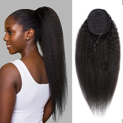Kinky Straight Ponytail Human Hair Extensions with Clips Afro Yaki Brazilian Drawstring Ponytail Extensions Human Hair for Black Women Clip in Pony Tail(20 Inch)