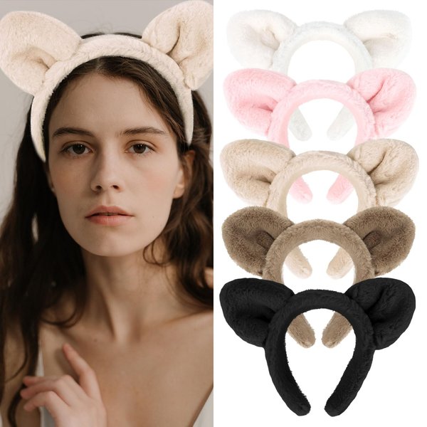 GAFATORY 5Pcs Cat Ears Headbands for Women Cute Headbands for Girls Plush Fluffy Fur Headbands Cosplay Costume Party Headband Animal Ears Headband Skincare Makeup Headbands Multi-color
