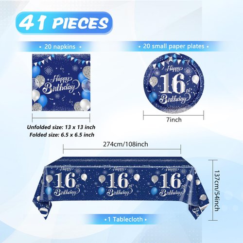 41PCS 16th Birthday Decorations for Boys Navy Blue Silver 16 Years Old Birthday Decorations Sweet 16 Plates Napkins Tablecloth for Boys Girls 16th Birthday Party Supplies
