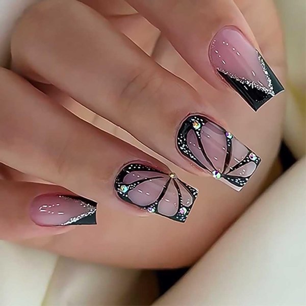 RikView French Tip Nails Square Press on Nails Medium Fake Nails Black Nails with Butterfly Design Glossy Nails 24 PCS