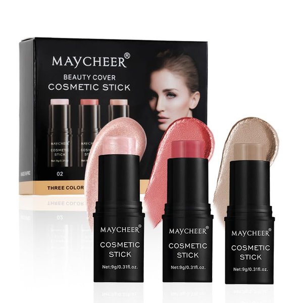3 Pcs Cream Contour Sticks,Shades with Highlighter & Bronzer & Blush,Long Lasting & Smooth Gliding Face Illuminator Makeup,Non-greasy Long-wear Face Contouring Pen For Girls and Women (1+3+5, Routine)