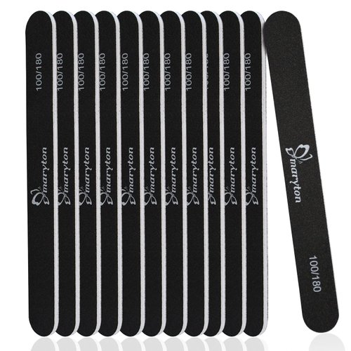 Maryton Nail File 100/180 Grit Emery Boards for Nails 12 PCS Professional Double Sides Washable Nail Files Kit for Acrylic Nails for DIY Salon Use (Black)