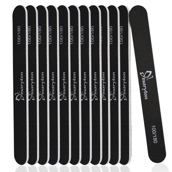 Maryton Nail File 100/180 Grit Emery Boards for Nails 12 PCS Professional Double Sides Washable Nail Files Kit for Acrylic Nails for DIY Salon Use (Black)
