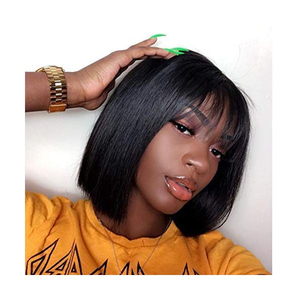 QUINLUX WIGS 13X6 Lace Front Wig 150% Density Air Bangs Natural Color Short Bob Wigs Brazilian 100% Human Hair For Women (8 inch/13X6, 150% density)