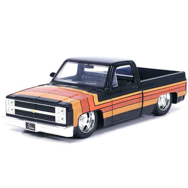 1985 C-10 Pickup Truck Black with Stripes and Rally Wheels Just Trucks Series 1/24 Diecast Model Car by Jada 35855