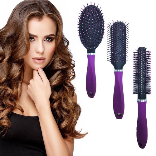 3 Pc Value Set Hair Brush, Detangling Brush Professional No Pain Detangler, Straightening, Styling & Drying for Women,Men,Kids,Purple, With a Bonus comb
