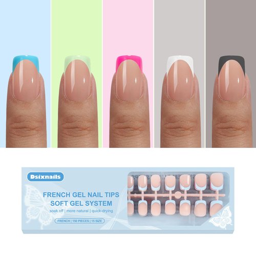 Dsixnails French Gel Nail Tips, 5 Colors Short Square French Tip Press on Nails with Design, 3 in 1 Soft Pre-lasting French Tip Nails, Acrylic Fake Nails Extension for Women Girl (150pcs/15Sizes)