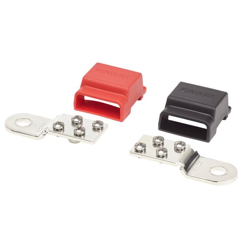 Blue Sea Systems 2340 Battery Terminal Mount Tin-plated Copper BusBars, Positive and Negative with 4 x 10-24" Stainless Screws, 32V, 100A,Red/Black