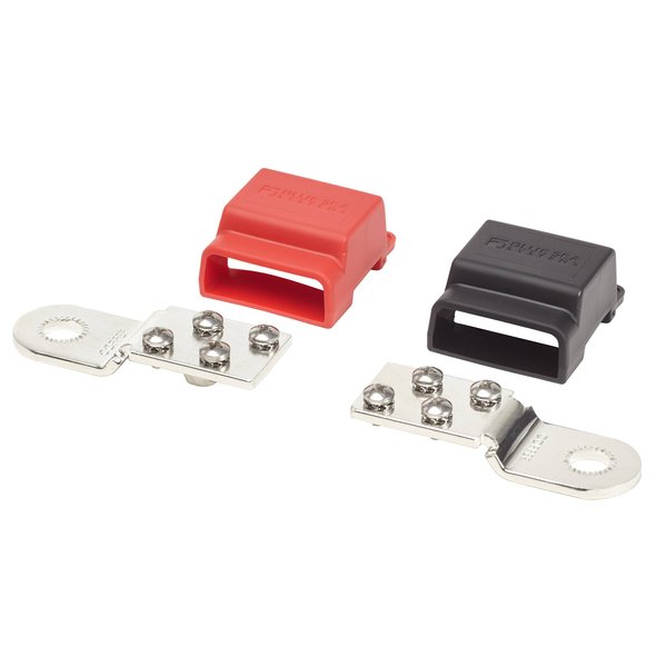 Blue Sea Systems 2340 Battery Terminal Mount Tin-plated Copper BusBars, Positive and Negative with 4 x 10-24" Stainless Screws, 32V, 100A,Red/Black