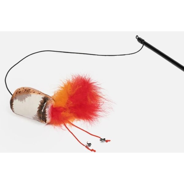 Silver Paw Toasted Marshmallow Cat Toy Teaser Plush w/Bungee Cord Feathers & Bells