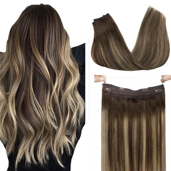 GOO GOO Wire Hair Extensions Real Human Hair, 16inch 95g Chocolate Brown to Honey Blonde, Invisible Wire Hair Extensions with Transparent, Seamless Fish Line Hairpiece, Straight Remy Hair Extensions