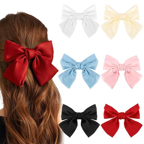 AHONEY 6 Pack Satin Hair Bow Hair Clips for Women Girls, 6" Bowknot Hair Ribbons for Hair Ponytail Cute Hair Clips Bow for Hair Accessories Barrettes for Women（Multi-colors