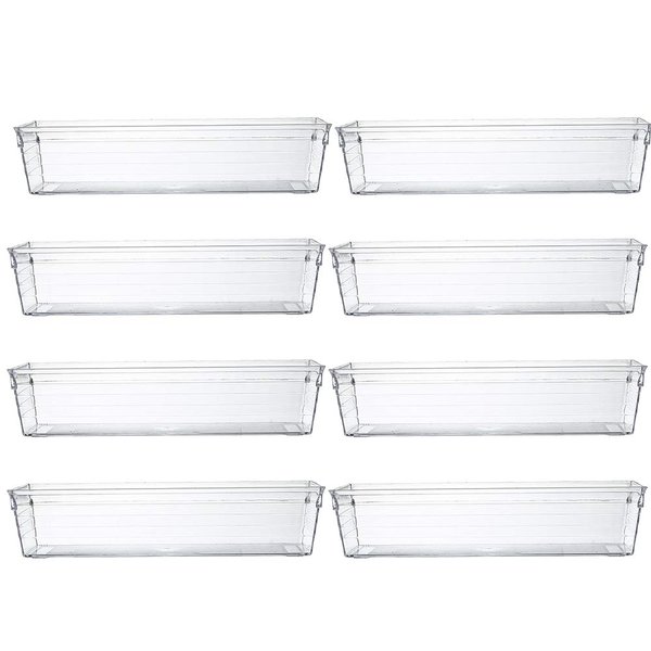 Backerysupply Clear Plastic Drawer Organizer Tray for Vanity Cabinet (9"×3"×2"，Set of 8),Storage Tray for Makeup, Kitchen Utensils, Jewelries, and Gadgets
