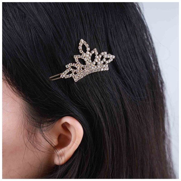 Allereyae Crystal Tiaras Crown Hair Clip Barrette Rhinestone Crown Hairpins Barrette Gold CZ Crown Head Clip Headwear Crystal Wedding Hair Accessories for Women and Girls (Gold)