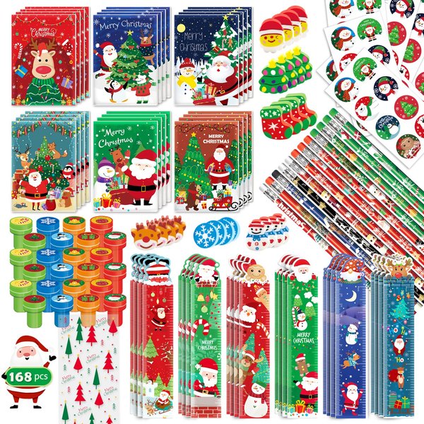 BEARUN 168 Pcs Christmas Party Favors Bulk for Kids-24-Pack Christmas Stationery Set for Stocking Stuffers, Christmas-Themed Classroom Gift Exchange School Games Prizes Carnival Events