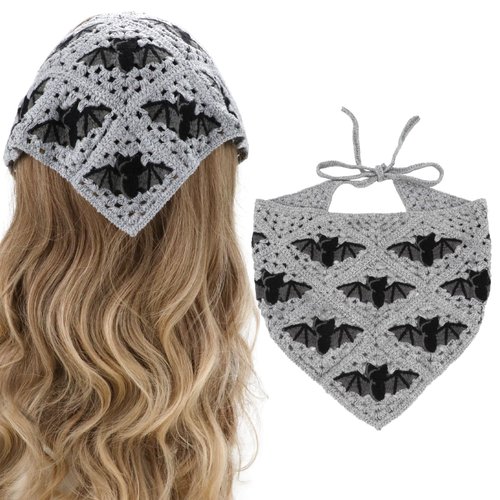 BQSAZHYJ Gothic Crochet Headbands Bat Pattern Bandana for Women, Cotton Knit Triangle Headband Greyscale Halloween Style Head Scarf Vintage Crochet Hair Styling Decor