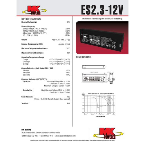 MK Battery ES2.3-12V Maintenance-Free Rechargeable Sealed Lead-Acid Battery