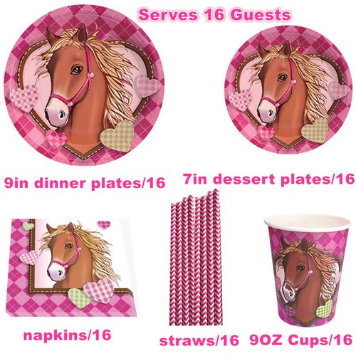 Horse Birthday Party Supplies-Complete Pack Horse Party Tableware Set Including Horse Party Plates Cups Napkins Straws Serves 16 for Girls Horse Birthday Baby Shower Decorations