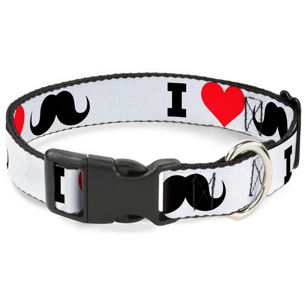 Buckle-Down 6-9" I "Heart Mustache" White/Black/Red Plastic Clip Collar, Narrow Small