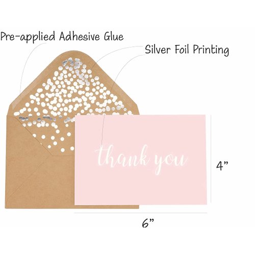 Thank You Cards - Blank 50 Pack Pink Matte Finish Cards with Silver Foiled "Thank You" Printed with 52 Confetti Design Kraft Envelopes 4" x 6" - for Bridal Shower Baby Shower Birthday Party